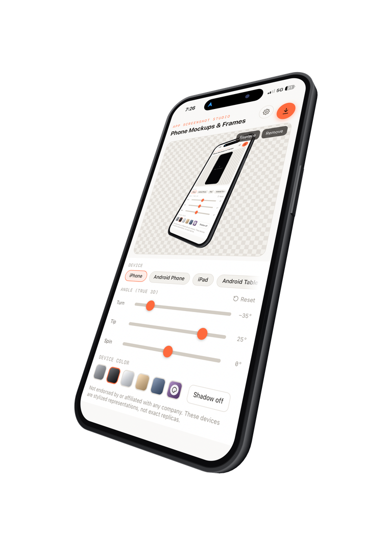 App Screenshot Studio rendering a device mockup, shown at an angle